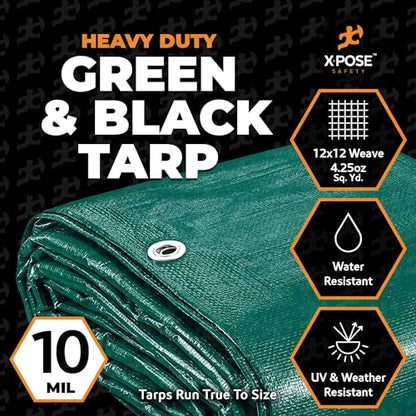 Heavy Duty Poly Tarp - 8' x 10' Bulk (12-Pack) - 10 Mil Thick Waterproof, UV Blocking Protective Cover - Reversible Green and Black - Laminated Coating - Grommets - by Xpose Safety - color: Green/Black, size: 8 Feet X 10 Feet (12pk)