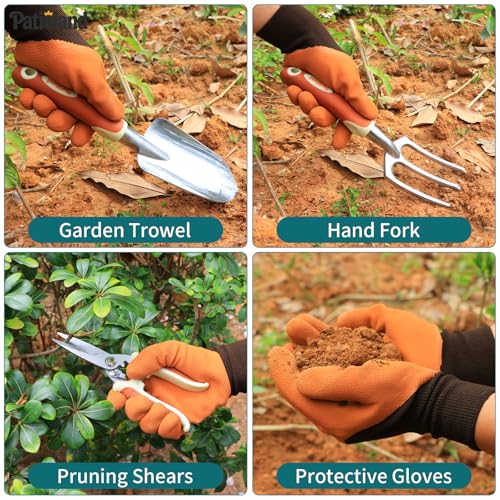 Brown Garden Tool Set 4-Piece, Trowel, Fork, Pruning Shear&Gloves - color: brown-4pcs
