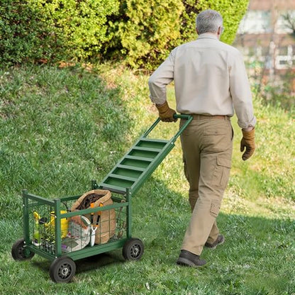 Extra Large Garden Cart with Seat, 3-in-1 Rolling Workseat with Wheels - color: Green, size: Extra Large