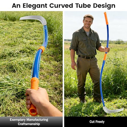 12.6'' Scythe Tool for Grass Cutting, Unique Curved Stainless Steel Pole, Adjustable Dual-hand Grip, Professional-Grade Blade, for Clearing Bushes, Vines, Fields, Ditches, Paths, Landscaping, 61in. - size: 12.6'' Scythe with 2 bending Poles