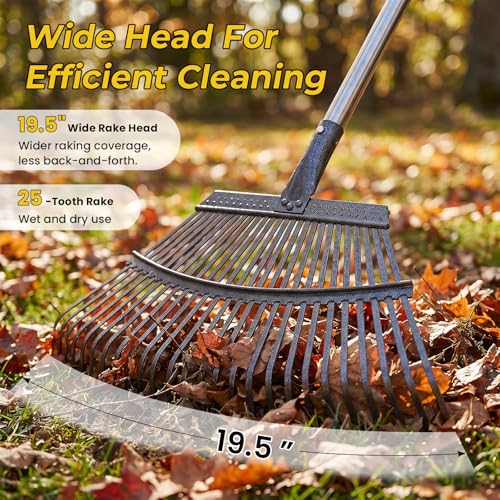 Rake for Leaves - 25 Tines Heavy Duty Metal Rake Set with Leaf Scoops & 53 Gallon Bag, Adjustable 67.5" Garden Rake, 3-in-1 Tool for Yard Pine Needle Grass Cleanup
