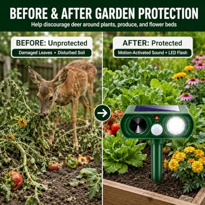 Solar Animal Repellent Outdoor Sonic Fortress Pro Deer Repellent Devices,Waterproof Ultrasonic Deterrent with Motion Activated & Light for Cat Raccoon Rabbit Fox Deterrent for Chicken Coop Yard,2 Pack