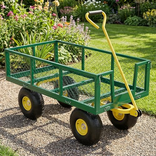 900LBS Heavy Duty Garden Cart, Steel Garden Wagon Cart with 10-Inch Wheels, Adjustable Handle, Utility Garden Wagon for Yard, Gardening, Soil, Tools and Plant Transport - color: Green With Yellow, size: 900 LBS