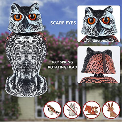 Hausse 2 Pack Fake Owl Decoy Bird Scarecrow Sculpture, Rotating Head Plastic Owl Bird Deterrents, Nature Enemy Horned Pest Repellent for Outdoor Garden Yard - size: 2 Pack, 10.6 Inch