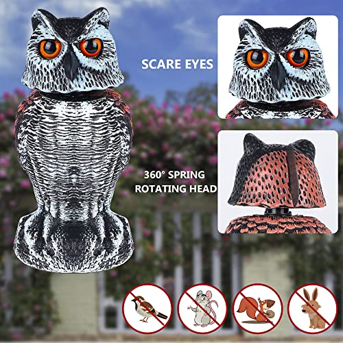 Hausse 2 Pack Fake Owl Decoy Bird Scarecrow Sculpture, Rotating Head Plastic Owl Bird Deterrents, Nature Enemy Horned Pest Repellent for Outdoor Garden Yard - size: 2 Pack, 10.6 Inch