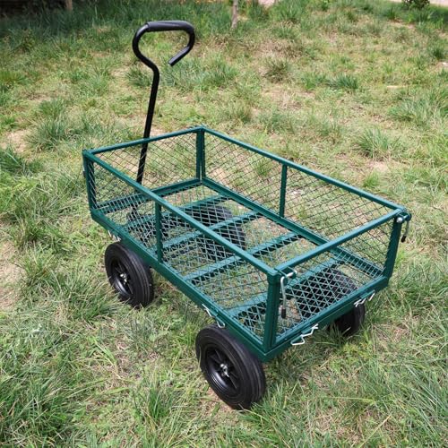 Metal Utility Wagon with 10" Solid Large Wheels 500 Lbs Capacity Heavy Duty Wheel Barrow Mesh Steel Garden Wagon Cart Dump Cart Pullable with 180° Rotating Handle Removable Sides (Green) - color: Green