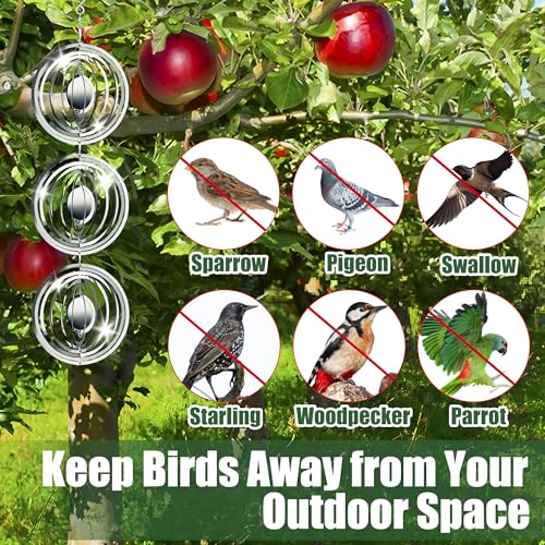 12 PCS Bird Deterrents for Outside Stainless Steel Wind Spinners 3D High Reflective Mirror Bird Reflectors to Keep Woodpeckers Swallows Sparrow Away from Garden Yard Porch Orchard