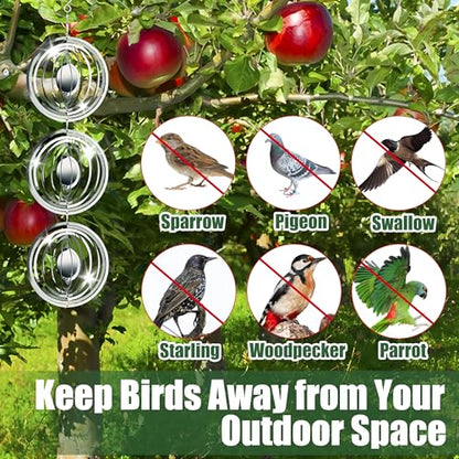 12 PCS Bird Deterrents for Outside Stainless Steel Wind Spinners 3D High Reflective Mirror Bird Reflectors to Keep Woodpeckers Swallows Sparrow Away from Garden Yard Porch Orchard