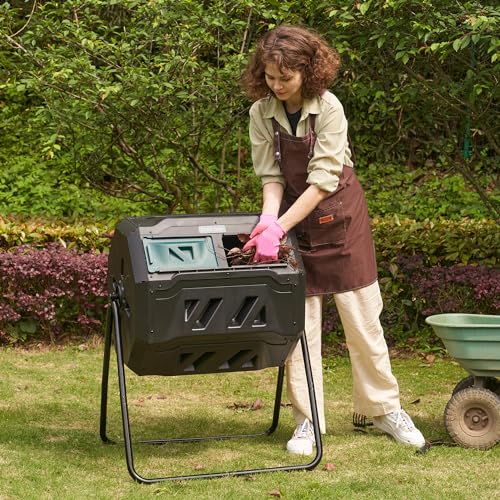 East Oak Compost Tumbler Outdoor, 43-Gal Dual Chamber Compost Bin with 2 Sliding Door and Aeration System, Tumbling Rotating Composter Bin for Kitchen, Garden, Yard - color: Black, size: 43 Gallon