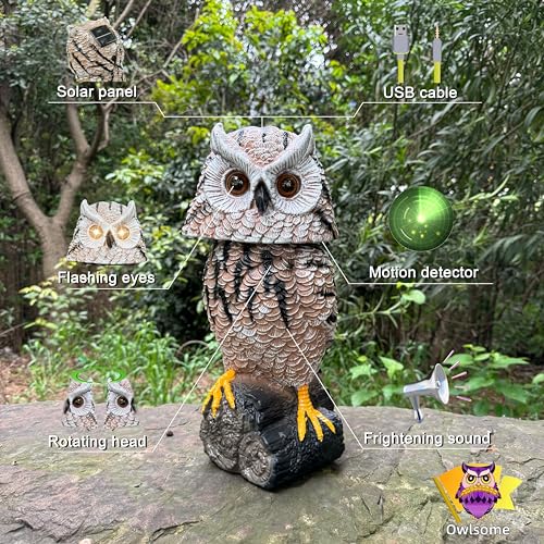 Owlsome Solar Tiger Owl with Flashing Eyes, Rotating Head, Hoot Sound, Motion Detector and Silent Mode, Plastic Owl Garden Sculpture, Garden Decoration