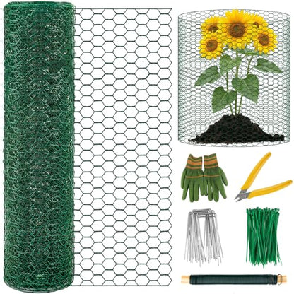 Convivium Plant Protectors from Animals, 0.8mm Free-Cut Green Chicken Wire Mesh, PVC Coated Tree Trunk Guard & Garden Fence for Outdoor Plants with Zip Ties, Stakes, Pliers, Gloves（16.7 Ft*24In） - size: 16.7Ft*24In