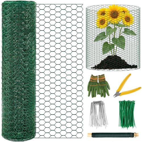 Convivium Plant Protectors from Animals, 0.8mm Free-Cut Green Chicken Wire Mesh, PVC Coated Tree Trunk Guard & Garden Fence for Outdoor Plants with Zip Ties, Stakes, Pliers, Gloves（16.7 Ft*24In） - size: 16.7Ft*24In