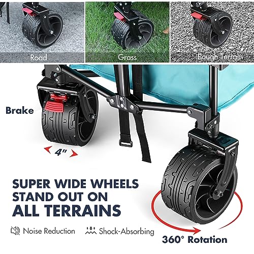 VILLEY Collapsible Folding Wagon with Big Wheels, All Terrain Beach Wagon Cart Heavy Duty Foldable, Enlarged 225lbs Capacity, Portable Utility Garden Cart with 2 Cup Holders and Brake, Blue - color: Blue