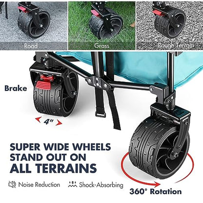 VILLEY Collapsible Folding Wagon with Big Wheels, All Terrain Beach Wagon Cart Heavy Duty Foldable, Enlarged 225lbs Capacity, Portable Utility Garden Cart with 2 Cup Holders and Brake, Blue - color: Blue