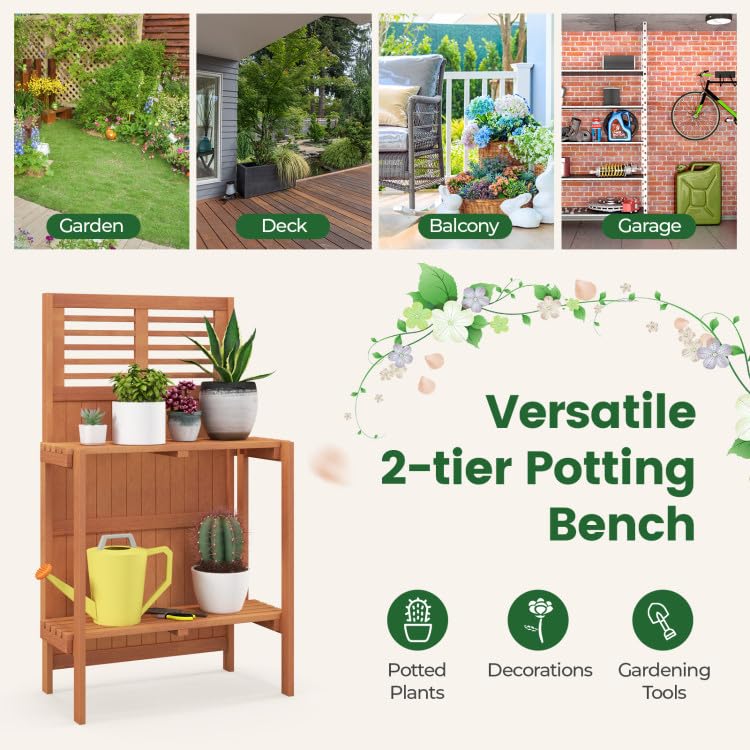25x13.5x44in Foldable Potting Bench 2-Tier Shelves Teak Oil Wood for Garden Balcony Yard