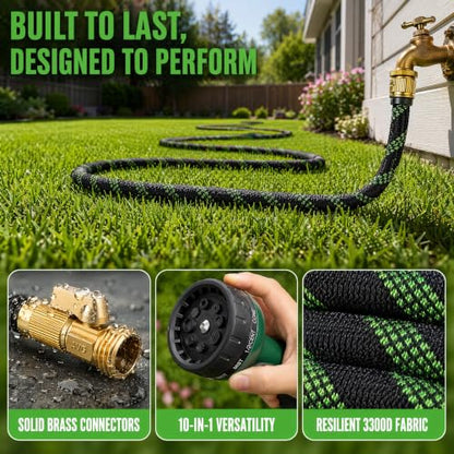 100 FT Garden Hose - Heavy Duty Non-Expandable Water Hose with 10-Function Nozzle, Kink-Free & Leak-Proof Flexible Yard Hose for Lawn and Car Washing（100FT) - size: 100FT