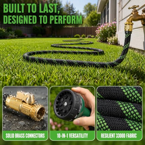 50 FT Garden Hose - Heavy Duty Non-Expandable Water Hose with 10-Function Nozzle, Kink-Free & Leak-Proof Flexible Yard Hose for Lawn and Car Washing（50FT) - size: 50FT