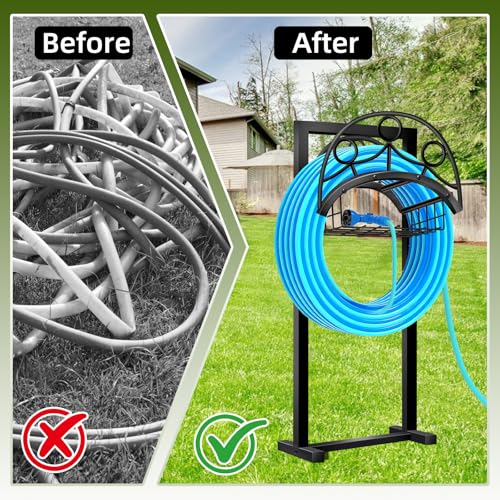 Garden Hose Holder – Detachable Water Hose Holders Stand, Holds 160-Feet Hose, Freestanding Metal Hose Storage Hanger Rack with Storage Basket for Outside Yard Lawn Farm