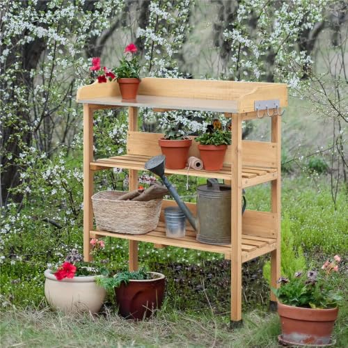 Outdoor Potting Bench Table with Shelf – Heavy-Duty Wooden Garden Workstation for Transplanting, Storage Rack for Pots & Tools, Outdoor Garden Table Work Bench with Shelf, Workstation for Lawn Patio