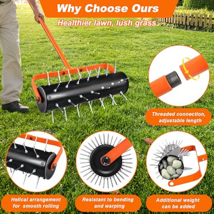 Rolling Lawn Aerator, Heavy Duty Hand Manual Spike Roller with 42 Spikes, Aerator Tool with 71" Adjustable Handle, Pre-Attached Spike Soil Push Lawn Aeration for Garden Yard Patio
