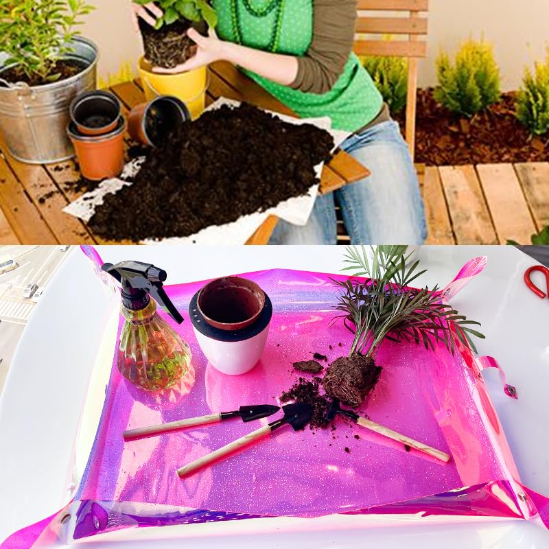 Kasepie Pink PVC Plant Repotting Mat, 19x27 Inch, Foldable Dirt Control Tray for Indoor Transplanting, Gardening Gift for Women and Men (Pink+Rectangle Pattern) - color: Pink+rectangle Pattern
