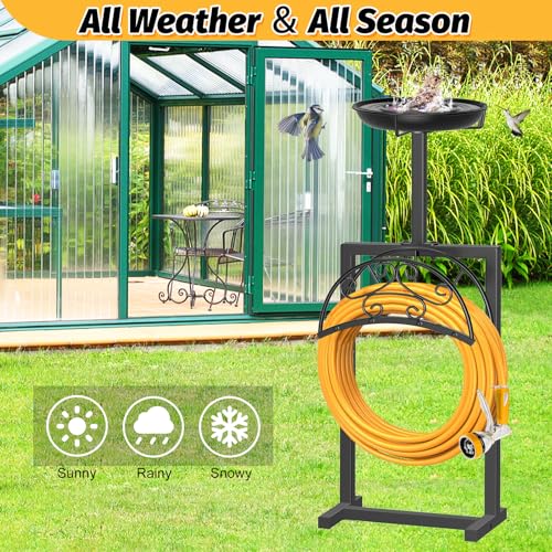 Garden Hose Holder, Freestanding Holds 150ft with Bird Feeder - style: Floral With bird feeder