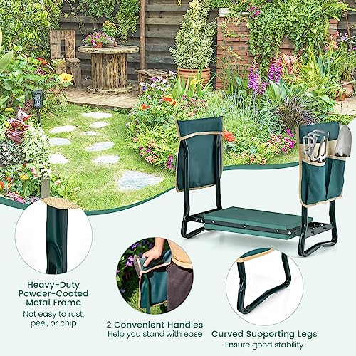 Goplus Garden Kneeler and Seat, Foldable Garden Bench for Kneeling & Sitting, Widened 8" EVA Soft Foam Pad, Heavy-Duty Garden Stool w/ 2 Large Tool Pouches, Gardening Gift for Women Men Seniors - color: Green, style: With 2 Bags