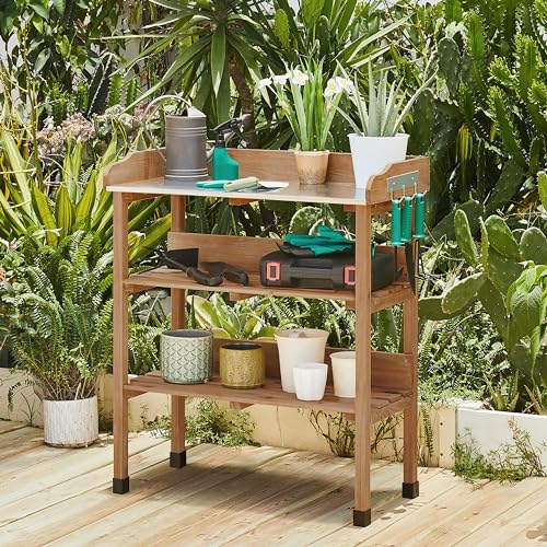 Yaheetech Potting Bench Outdoor Console Table w/3-Tier Storage,Brown - color: Brown