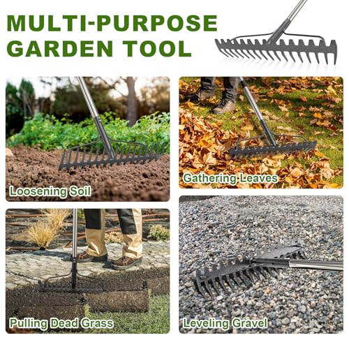 Bow Rake, 79" Heavy Duty Garden Rake with Wide 17 Tines Head & Stainless Steel Handle, Adjustable Rakes for Lawns Yard Loosening Soil Thatching Gathering Leaves Gravel - style: 79 inch