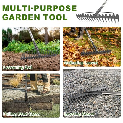Bow Rake, 79" Heavy Duty Garden Rake with Wide 17 Tines Head & Stainless Steel Handle, Adjustable Rakes for Lawns Yard Loosening Soil Thatching Gathering Leaves Gravel - style: 79 inch