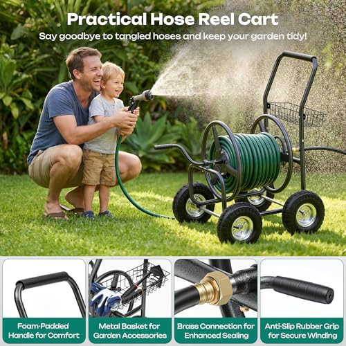 Garden Water Hose Reel Cart - 250 ft. Capacity, 10" Pneumatic Tires, Powder-Coated Steel Frame for Tangle-Free Garden Hose Storage - color: Gray