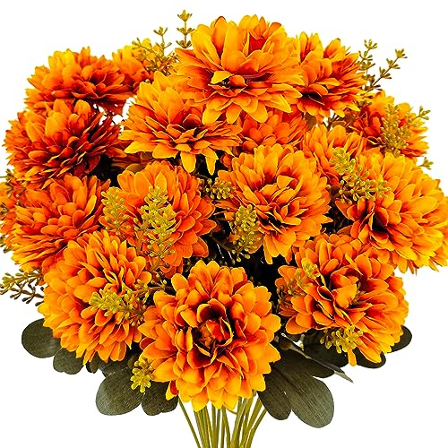 Large Fall Flowers Artificial Mums 2 Pcs 18 Heads Silk Chrysanthemums Fake Mums Faux Floral Bouquet Arrangements for Home Decor Indoor Outdoors Planter Pots Porch Wedding Autumn Decoration - color: Fall Color
