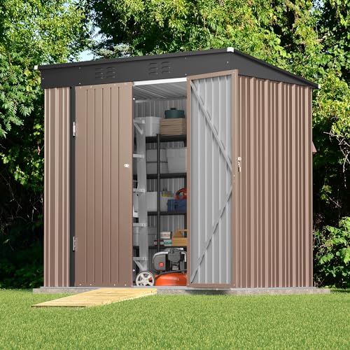 Gizoon 6x4 FT Outdoor Shed, Metal Garden Shed Lockable Doors, Brown - color: Brown, size: 6' x 4' FT/Sloped-roof