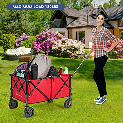 Goplus Collapsible Wagon, Folding Utility Wagon Cart w/Universal Wheels & Adjustable Handle & Cover Bag, Grocery Wagon for Garden Shopping Camping (Red) - color: Red