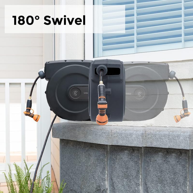 Giraffe Tools Retractable Garden Hose Reel 1/2 Inch x 155+5 ft and Hose Reel 1/2 Inch x 130 ft, Heavy Duty, Any Length Lock, Slow Return System, Wall Mounted and 180 Deg Swivel Bracket
