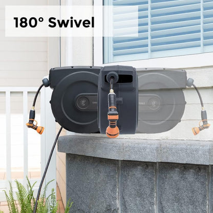 Giraffe Tools Retractable Garden Hose Reel 1/2 Inch x 155+5 ft and Hose Reel 1/2 Inch x 130 ft, Heavy Duty, Any Length Lock, Slow Return System, Wall Mounted and 180 Deg Swivel Bracket