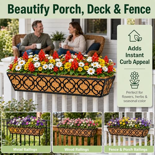 HFHOME 24 Inch Deck Railing Planter Box with Horse Trough Coco Liner, 24" Window Boxes with Coconut Coir Liner, Black Metal Hanging Flower Planter Basket for Outdoor Indoor Lawn - 4 Pack - size: 24 Inch 4-Pack Floral-Pattern