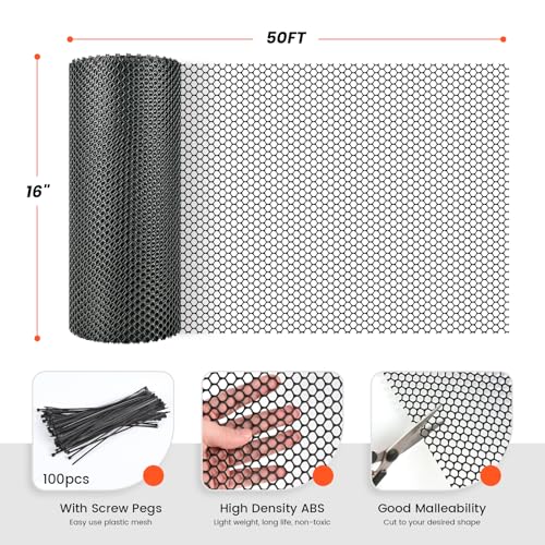 Toolterritary Plastic Wire Mesh,16IN x 50FT Chicken Wire Fencing for Floral Arrangements, Chicken Wire Mesh for Crafts with 100 Pcs Zip Ties,Gaden Netting for Dogs, Deers, Poultry - color: Black, size: 16IN x 50FT