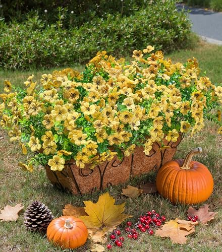 Daisy Artificial Flowers for Outdoors Decor, 12 Bundles Faux Daisy with Eucalyptus Fake Plants Greenery UV Resistant Look Real Colorful Faux Flowers for Outside Planter Porch Patio Gardens, Yellow - color: Yellow