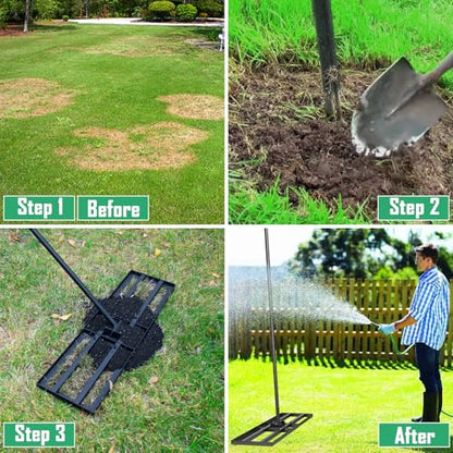 Lawn Leveling Rake Soil Leveler - 36 x10 Inch Stainless Steel Yard Lawn Leveling Tool 6.5FT Handle, Heavy Duty Professional Grade Tool for Dirt Sand Grass Soil for Garden Golf Course Backyard Black