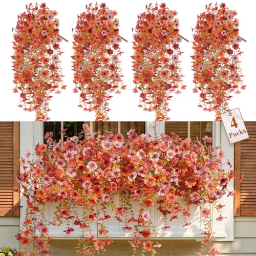 Alupssuc 4 PCS Fall Hanging Flowers Artificial for Outdoor Indoor Decor - color: Orange Brown Red Pink