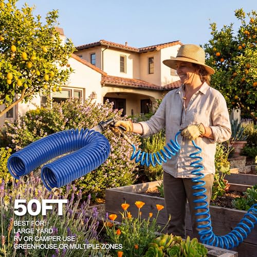 50FT EVA Long Coil Water Hose, 1/2 in Blue, Brass GHT Fittings - size: 50FT