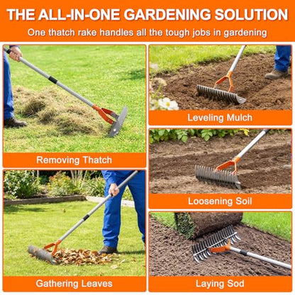 21-Tine Thatch Rake for Lawn,15" Heavy Duty Dethatcher Rake with 68" Handle - color: Orange