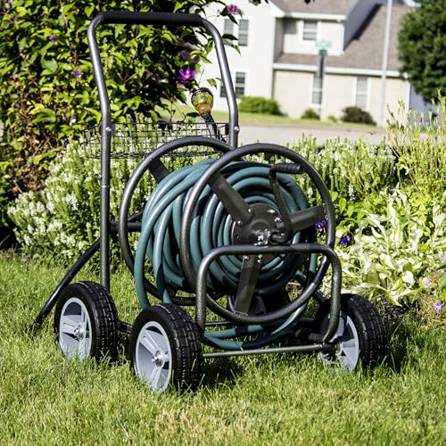 Backyard Expressions Metal Hose Reel Cart with Wheels - Heavy Duty Hose Caddie - 250 Ft Hose Capacity - Hammertone Finish - style: 2023 4 Wheel
