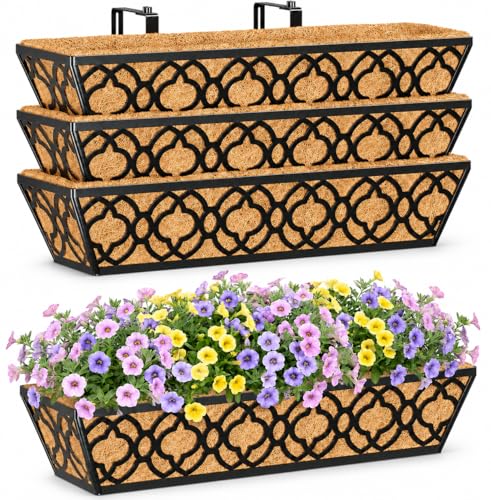Y&M 4pcs 24 Inch Window Deck with Coconut Coir Liner, 24" Railing Planter Horse Trough Coco Basket Boxes Metal Hanging Flower Balcony for Outdoor Garden Fence Lawn - size: Flower 24in 4pcs