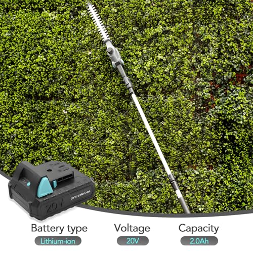 20V Cordless Telescopic Pole Hedge Trimmer Long Reach Extendable Hedge Cutter - 1x 2.0AH Battery, Shoulder Strap, Fast Charger - for Hedges, Branches