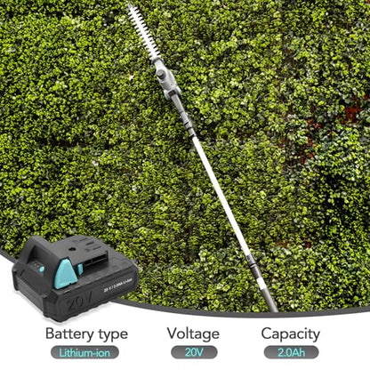 20V Cordless Telescopic Pole Hedge Trimmer Long Reach Extendable Hedge Cutter - 1x 2.0AH Battery, Shoulder Strap, Fast Charger - for Hedges, Branches