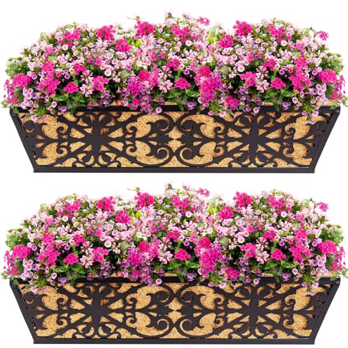 2 Pack 24 Inch Window Boxes Planters Railing Planter Box with Adjustable Brackets & Coco Liners Fabric Plant Grow Bags Deck Railing Planter Boxes Balcony Hanging Flower Box for Outdoor Plants - color: 2 Pack-black, size: 24 Inch