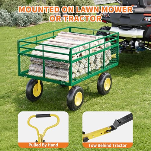 3-in-1 Heavy-Duty Steel Garden Cart, 1400 Lbs Garden Wagon, with 13 Inch All-Terrain Tires and Removable Mesh Side Panels, 180° Rotating Handle, Metal Multi-Function Carts, Outdoor Gardens Wagon Cart - color: Green + Yellow, size: 1400 Lb