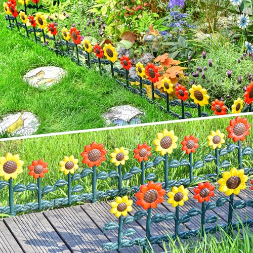 Sungmor Plastic Garden Picket Fence Edging,Sunflower Decor Lawn Flower Bed Border Panels,4 Pack Total 98 Inches Length,Lightweight PP Landscape Path Divider,Easy Install Weather Resistant Yard Edge